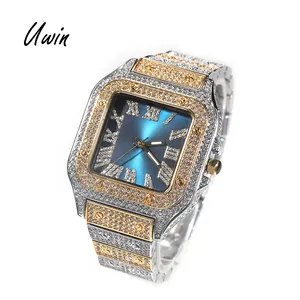 UWIN Hip Hop Watches Blue Black face Iced Out Two Tone Luxury Watch Square Dial Roman Numeral Watches Women Man