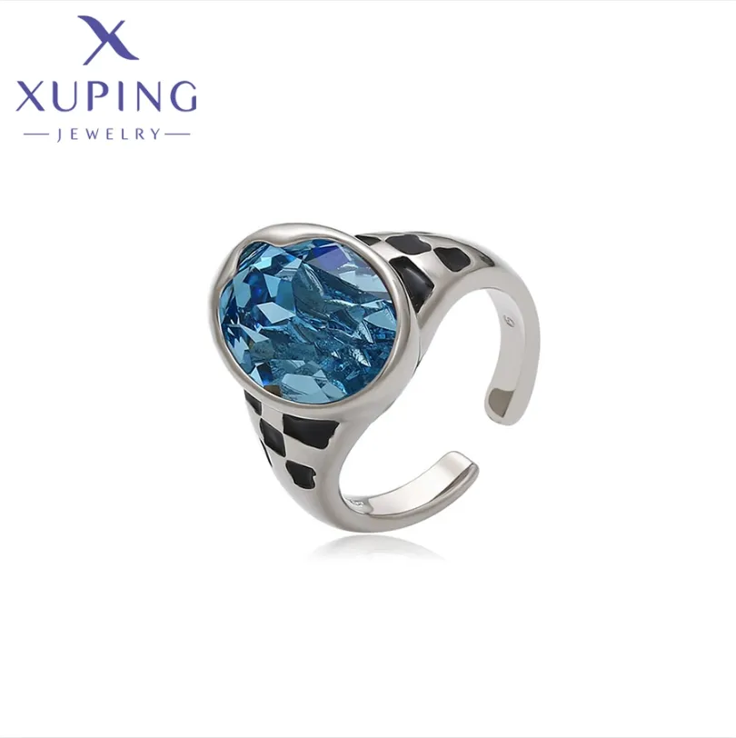 خاتم Xuping من الكريستال الأزرق الكبير ذو حجم قابل للتغيير للرجال والجنسين بتصميم أنيق وفخم وعصري موديل X000694022