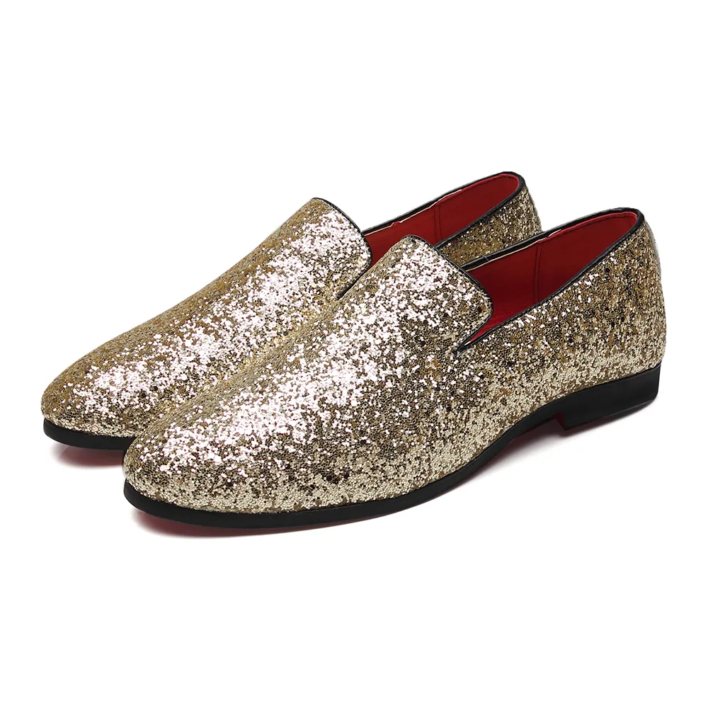 37-48 grande Formato Delle Donne Degli Uomini Oro Glitter Mocassini Fumatori Pantofole Causali Mocassini scarpe A Punta Scarpe Scarpe Abito Da Sposa 7516