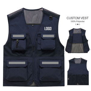 Gilet de pêche multi-poches pour homme en sergé de polyester avec logo brodé, personnalisable OEM, respirant, pour le travail en extérieur, avec fermeture éclair - Product Image 4