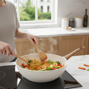 Wok en céramique de haute qualité, revêtement marbré antiadhésif, forgé, avec couvercle en verre et poignée en bois, 28 cm, pour cuisinière à gaz et à induction - Product Image 5