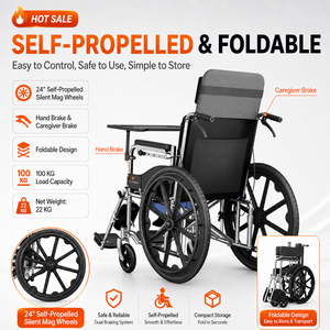 <span class=keywords><strong>Silla</strong></span> <span class=keywords><strong>de</strong></span> <span class=keywords><strong>Ruedas</strong></span> Manual Plegable Reclinable Completa para Adultos, Precio <span class=keywords><strong>de</strong></span> Fábrica, Acero al Carbono y Reposapiés Ajustables, <span class=keywords><strong>Ruedas</strong></span> Autopropulsadas <span class=keywords><strong>de</strong></span> 24'' y Freno <span class=keywords><strong>de</strong></span> Mano - Product Image 3