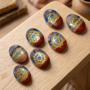 Oval Gemstone <b>Chakra</b> Stones Gold Engraved Symbols Polished Reiki Art Collectibles Seven <b>Chakra</b> Bonded <b>Set</b> <b>Crystal</b> Export Gujarat - Product Image 4