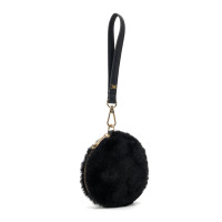 Porte-monnaie rond en fausse fourrure noire avec dragonne courte, fermeture éclair, mini pochette douce et moelleuse, durable, pour pièces de monnaie, clés, AirPods, usage quotidien