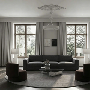 Résidence française minimaliste gris neutre avec roseau de plafond en plâtre sur mesure, cheminée en marbre, et aménagement LDK ouvert avec grandes fenêtres - Product Image 1