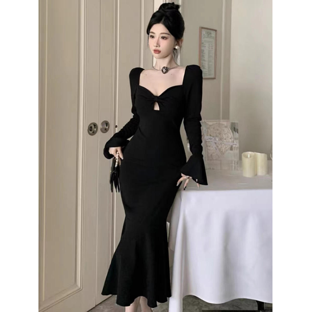 Bodycon Dress Black Office Dress With Sleeves Contrast Trim Tie