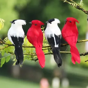 12 unids/caja un pájaro simulado hecho de plumas reales para decoraciones de jardín para el hogar pájaro falso de espuma roja blanca