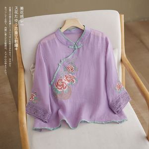 Traditional Chinese Women's Embroidered Cotton Linen Tea Robe Red Mid Sleeve Stand Collar Shirt With Floral Design - Product Image 4