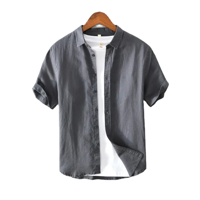 The new summer men loose and thin short sleeve cotton linen white shirt casual linen white shirt top trend