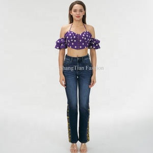 Jeans de Alta Calidad para Mujer al por Mayor en Europa y América, Jeans de Mezclilla Elásticos con Estampado Floral Azul y Bordado - Product Image 5
