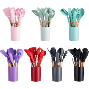 Wholesale 12 PCS Eco-Friendly <b>Kitchen</b> Cooking Utensil Set Holder Baking <b>Gadget</b> Silicone Spatula SPOONS Wood Handle - Product Image 1