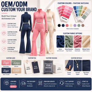 Ensemble de vêtements de sport 2 pièces pour femme, rose marine, avec logo personnalisé : Leggings évasés taille haute <span class=keywords><strong>style</strong></span> yoga et veste courte zippée - Product Image 6