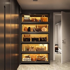 ארון תצוגה פלדה שחורה עם 5 דלתות זכוכית עבור שקיות תכשיטים קוסמטיים אחסון משק הבית - Product Image 1