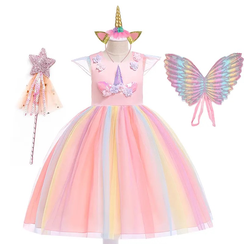 2023 vendita calda multicolore Costume a più livelli unicorno per bambini decorazione della fase della palla fiore principessa vestito da festa per il carnevale di Halloween