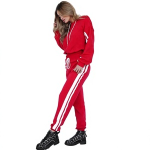 Women Red Hooded <b>Tracksuit</b> Full Sleeve Striped Sweatshirt & Pants Set Sporty Jogging Wear Autumn Loose Fit & Side Pockets Suits - Product Image 1