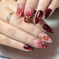 Faux ongles de luxe en ABS, rouge bordeaux profond, avec fleurs 3D sculptées, finition brillante rubis foncé gothique, 30 pièces, forme stiletto, pour soirée
