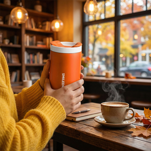 Gobelet isotherme de voyage en acier inoxydable à double paroi avec logo personnalisé, tasse à café isolée pour le camping avec couvercle amovible - Product Image 5