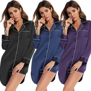 Pyjamas pour femmes Chemise de nuit boutonnée à manches longues Satin Silk Thin Ultra Soft Comfy Sleep Dress Loose Home Wear