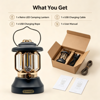 Lampe de camping LED vintage rechargeable, lanterne de tente rétro, lampe d'ambiance suspendue pour l'extérieur avec charge Type C
