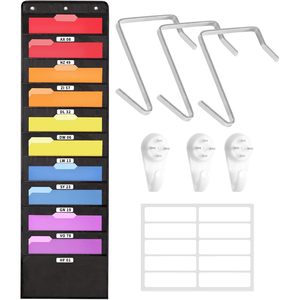 10 Pockets Hanging Wall <b>File</b> Organizer Black <b>Storage</b> Pocket Chart For Office And Classroom Punch Free Non Woven Fabric - Product Image 1