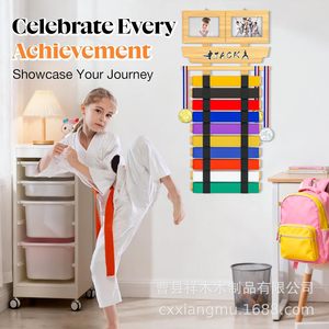 Karate Belt Display <b>Rack</b> Wall Mounted Solid Wood Martial Arts Belt Storage <b>Rack</b> With Name <b>Plate</b> And Photo Frames - Product Image 4