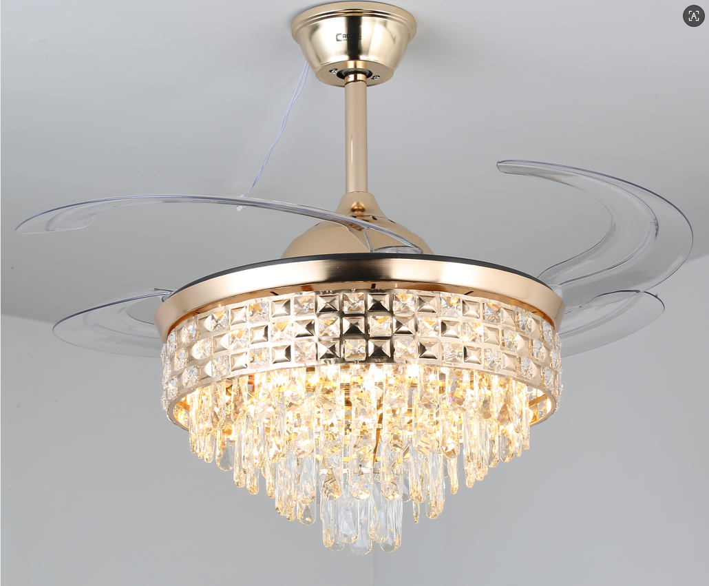 Retractable Crystal Ceiling Fan with Light 42 Inch Gold Luxury LED Chandelier Fan 3-Color Fan Lamp for Living Room Dining Room