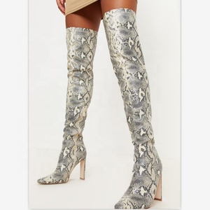 Bottes hautes pour femmes à talons épais, motif serpent gris, avec fermeture éclair latérale, bout pointu, au-dessus du genou, sexy - Product Image 1