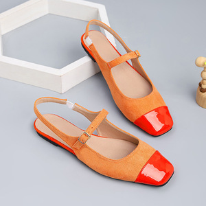 Xuanhui Nuove Scarpe Basse Mary Jane in Camoscio Arancione con Punta Quadrata, Sandali Slingback Bicolore Patchwork, Scarpe da Donna - Product Image 1