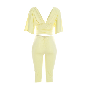 Viviblook J26ST224 Conjunto Casual de Verano para Mujer, Color Sólido, Cuello en V, Top de Manga Corta, Pantalones Ajustados, Conjunto de 2 Piezas - Product Image 5