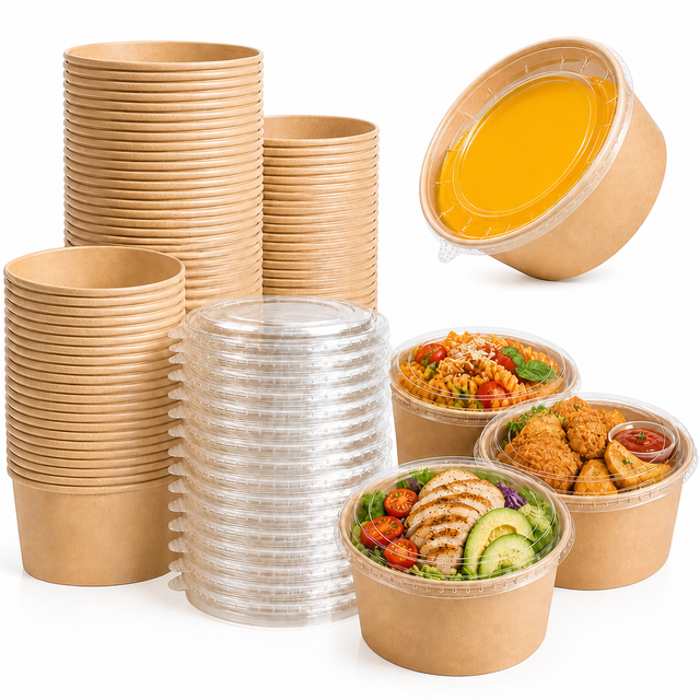 Custom Printed Biodegradable Noodle Salad Food Grade Container Kraft Paper Recyclable Disposable Lunch Bowl With Logo