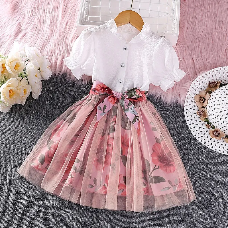 2023 летняя Корейская одежда для девочек с пышными рукавами и цветочным принтом в стиле пэчворк Лидер продаж модное платье принцессы Детские сетчатые платья