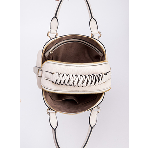 Design Fashion Selling Quality White <span class=keywords><strong>Colorland</strong></span> Hard Grain Italian Leather Women Bag With Weave Main Two Pocket Handbags - Product Image 5