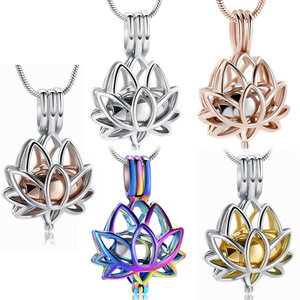Kalung liontin tetap bulu hewan peliharaan abu desain Guci bentuk Lotus berlapis emas 14K baja tahan karat - Product Image 1