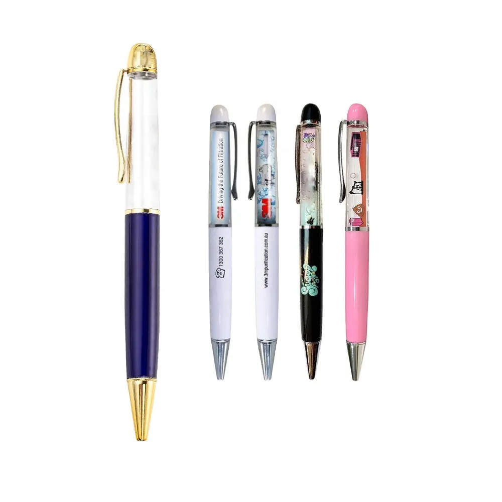 Stylo à bille flottant en acier inoxydable de 16 couleurs, Logo personnalisé avec paillettes métalliques, promotion pour les affaires