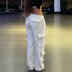 <strong>Women</strong> Heather <strong>Grey</strong> Multi-Patch-Pocket <strong>Cargo</strong> Sweatpants Elastic Waist Loose Wide Leg Streetwear Gym Casual <strong>Trousers</strong> Wholesale - Product Image 4