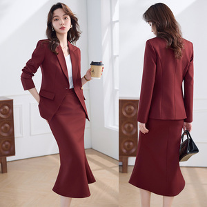 Women's Suit <b>Set</b> Red Midi Fishtail Skirt <b>Office</b> Lady Anti-Wrinkle Worsted Fabric Commuting Workwear - Product Image 1