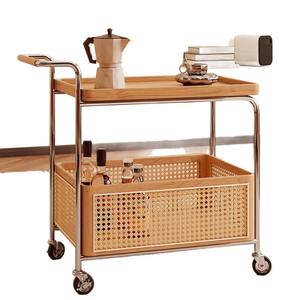 Carrito de almacenamiento de madera maciza con ruedas, estructura de acero inoxidable, estante de ratán, carrito móvil de 2 niveles para sala de estar, dormitorio, estudio - Product Image 5