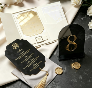 Suite d'invitations de mariage de luxe en papier coton texturé noir et or, avec menu, ruban de table, sceau de cire et impression personnalisée à feuille d'or - Product Image 2
