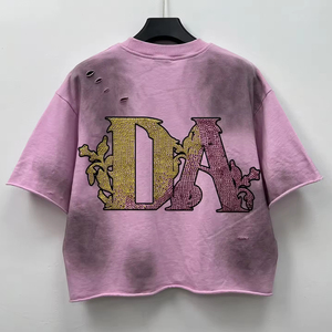T-<span class=keywords><strong>shirt</strong></span> court <span class=keywords><strong>rose</strong></span> délavé surdimensionné personnalisé pour <span class=keywords><strong>homme</strong></span>, avec motif graphique en strass, imprimé rétro, effet vieilli et effiloché, style Y2K Grunge Streetwear - Product Image 2