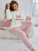Pyjama thermique d'hiver en flanelle pour femme, 100 % polyester, 220 g, uni, col lisse, tricot doux, manches longues, longueur intégrale, avec cordon de serrage