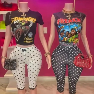Conjunto de Dos Piezas de Moda Y2K de Verano, Top Corto y Camiseta sin Mangas con Estampado Digital de Algodón y Pantalones Cortos de Encaje con Puntos, Ropa Urbana para Mujer - Product Image 1