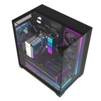 Productie van een pc-gaming anime computerkast met vooraan geplaatste glazen RGB-strip, temperatuurweergave en stofdichte buitenbehuizing.