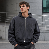Sweat à capuche zippé personnalisé en molleton bouclette 450 GSM pour homme, 100 % coton, délavage acide, broderie, strass, coupe oversize, style streetwear vintage, OEM ODM