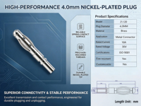 Connecteur mâle en laiton nickelé haute performance 4,0 mm 21.120 10A 30V avec certification ISO 9001 pour application industrielle