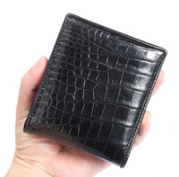 Dompet Lipat Dua Kulit Buaya Asli Hitam Mengkilap Mewah untuk Pria, Dompet Klasik Kulit Perut Buaya Asli