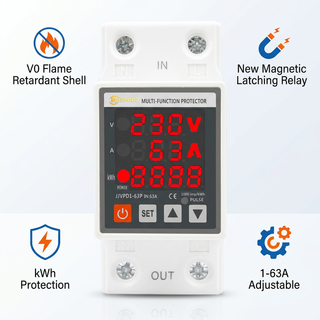 63A Triple Display Over Under Voltage Protector Din Rail Adjustable Current Protection Kwh Power Watt Meter Single Phase