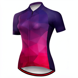 Maillot de cyclisme à manches courtes pour femmes, violet, magenta, imprimé géométrique polygonal, fermeture éclair intégrale, vêtements de vélo de route - Product Image 1