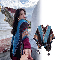 Damen Herbst Winter Strick-Poncho Cardigan Boho Ethnisch Geometrisch Farbblock Cape Schal Wickel mit Quasten Fransen Loser Pullover Oberbekleidung