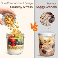 Wishome 2-in-1 draagbare ontbijtbakjes, dubbelwandige glazen yoghurtbekers met bovenste compartiment voor ontbijtgranen, fruit & snacks