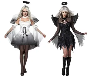 Halloween Adult Black and White Fallen Angel Dress Vampire Demon Party Makeup Ball Girl Performance Costume